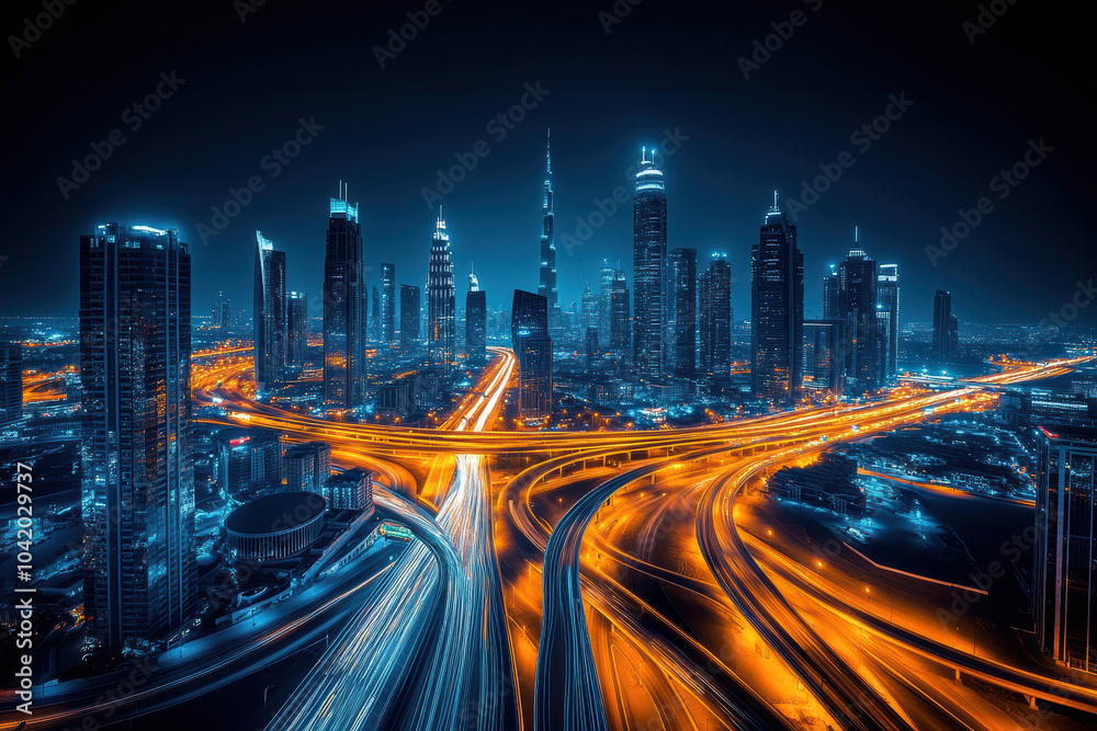 Obraz premium City skyline with light trails at night