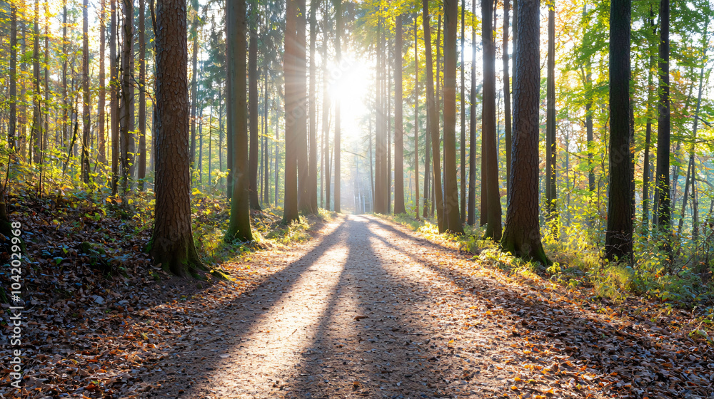 serene forest trail illuminated by morning sun, surrounded by tall trees serene forest trail illuminated by morning sun, surrounded by tall trees