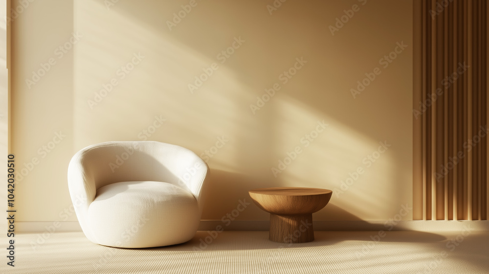 A serene and minimalist living space featuring a soft white armchair and a small wooden side table, illuminated by warm natural sunlight and clean design elements A serene and minimalist living space featuring a soft white armchair and a small wooden side table, illuminated by warm natural sunlight and clean design elements