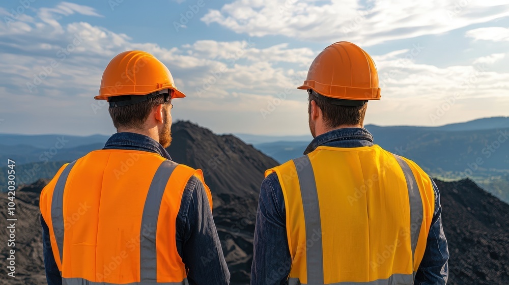 Two construction workers in safety gear overlooking a quarry, highlighting teamwork and industry safety amidst a scenic landscape. Two construction workers in safety gear overlooking a quarry, highlighting teamwork and industry safety amidst a scenic landscape.