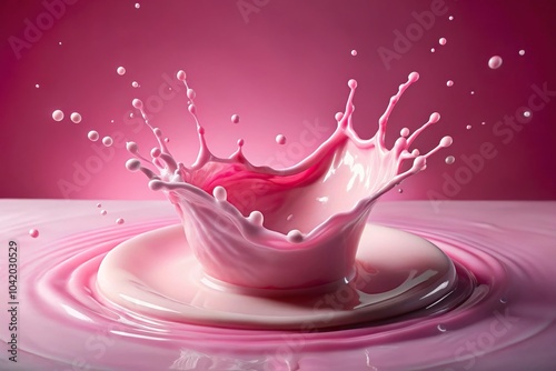 Pink milky liquid splashing on white surface