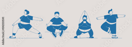 Overweight man in different yoga poses. Cartoon abstract plump male characters practicing yoga and meditation, body positive concept. Vector plus size people set