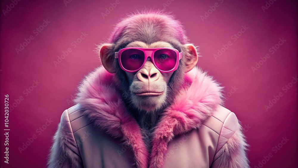 Pink monkey wearing sunglasses and furry jacket in studio with leading lines Pink monkey wearing sunglasses and furry jacket in studio with leading lines