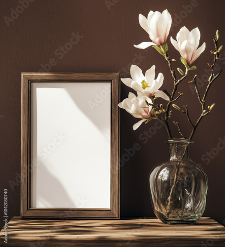 Wooden frame with blank space placed next to a glass vase holding white magnolia flowers against a brown textured wall. Warm sunlight casts shadows, creating an elegant and minimalist setup for mockup