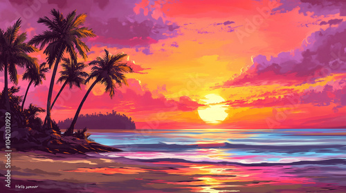 Colorful sunset over a tropical island with palm trees and vibrant ocean reflections at dusk