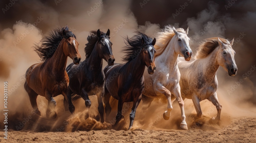 Dynamic portrait of horses galloping with flowing manes through dusty terrain. Dynamic portrait of horses galloping with flowing manes through dusty terrain.