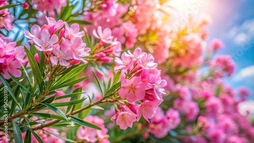 Pink oleander blooming in garden with low angle view