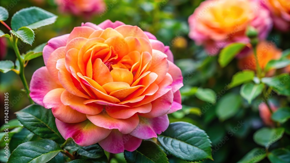 Pink orange rose floribunda Marie Curie on shrub with green leaves in garden Extreme Close-Up Pink orange rose floribunda Marie Curie on shrub with green leaves in garden Extreme Close-Up