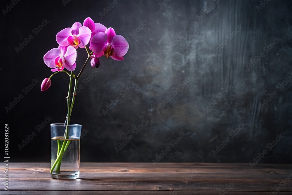 Pink orchid flower in vase on table, minimalist black background Pink orchid flower in vase on table, minimalist black background
