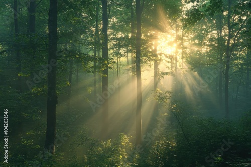 Sunlight filters through tall trees in a serene forest during early morning hours