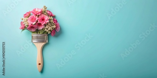 Fototapeta Naklejka Na Ścianę i Meble -  Pink paintbrush with flowers on pastel blue background