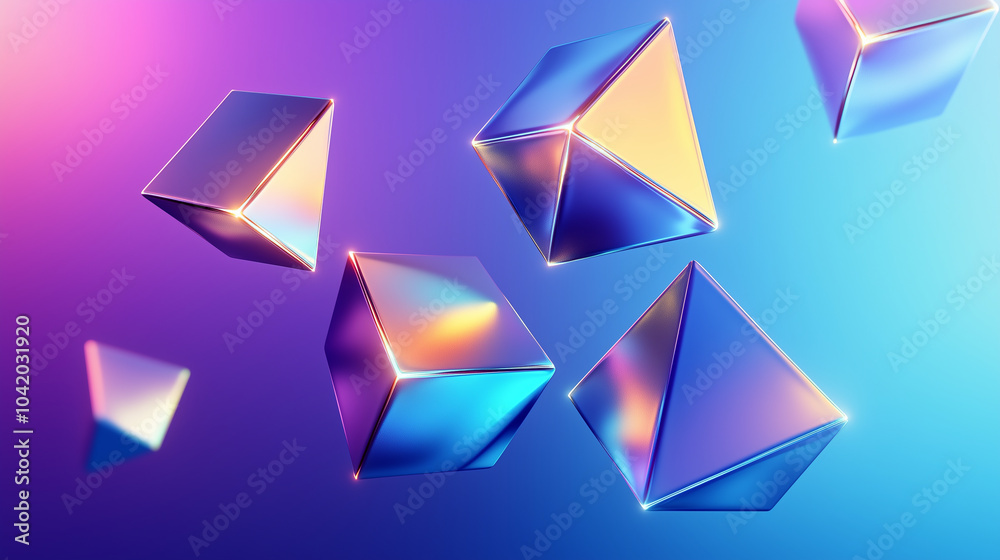 Abstract geometric shapes, floating on a blue and purple gradient background, futuristic design, glowing edges, digital art, 3D rendering