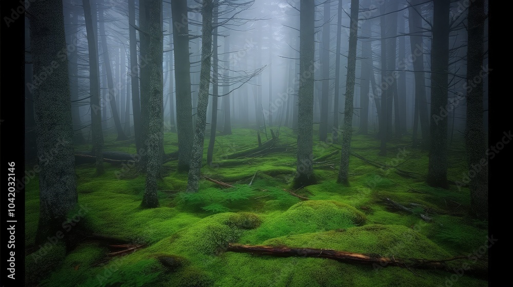 Fototapeta premium A misty forest with tall trees and lush green moss covering the ground.