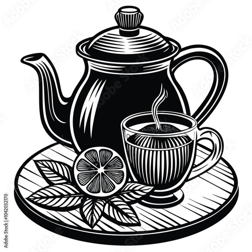 Glass cup and teapot of green tea, mint leaves and lime on a wooden board on a white background