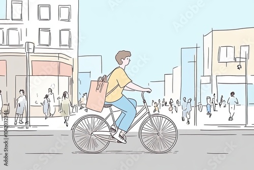 A delivery person biking through a vibrant urban area, showcasing a busy scene filled with people and commerce. Perfect for themes of sustainability and city life.