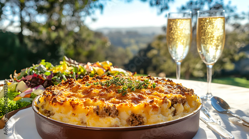 An Elaborate Picnic Setup Featuring a Grand Dish of Shepherd's Pie Amidst a Scenic Park, Surrounded by Friends and Lush Greenery. photo