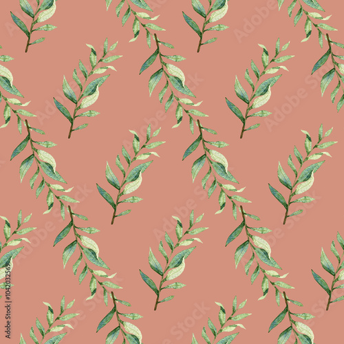 Watercolor greenery seamless pattern, floral texture on pink background