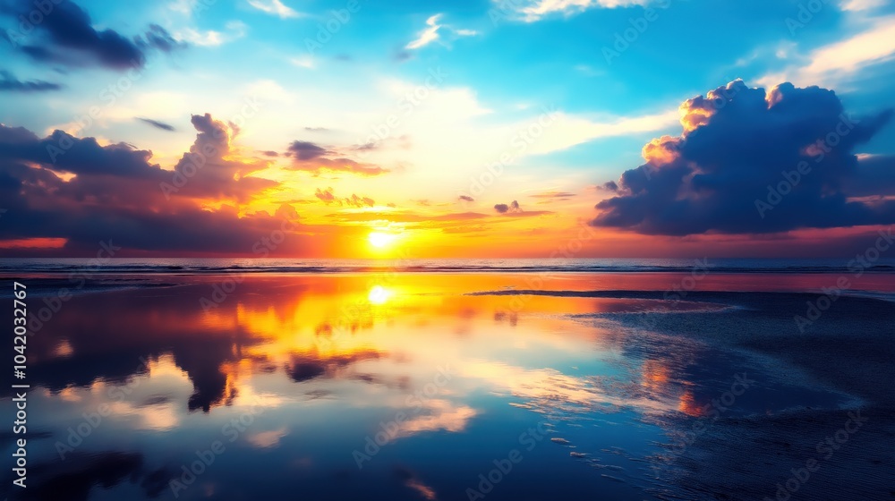 Fototapeta premium Sunset over the reflective mirror lake beautiful clouds colorful sky