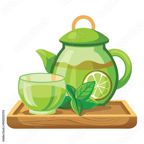 Glass cup and teapot of green tea, mint leaves and lime on a wooden board on a white background