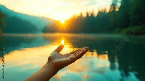 Fototapeta Naklejka Na Ścianę i Meble -  Hand feeling sunlight of sunset near reflective lake near forest