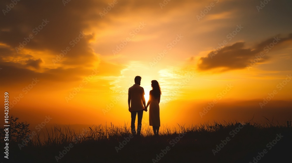 Couple stands on lush green open field holding hands during sunset Couple stands on lush green open field holding hands during sunset
