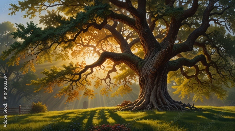 An oak tree stands tall in the meal that is bathed in sunlight. It's large stems and broad branches throw long shadows across the fertile green grass An oak tree stands tall in the meal that is bathed in sunlight. It's large stems and broad branches throw long shadows across the fertile green grass