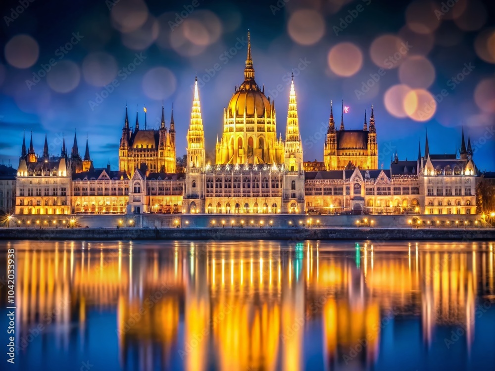 Fototapeta premium Stunning Bokeh Effect of Budapest Parliament at Night – Captivating Cityscape Photography for Travel Enthusiasts
