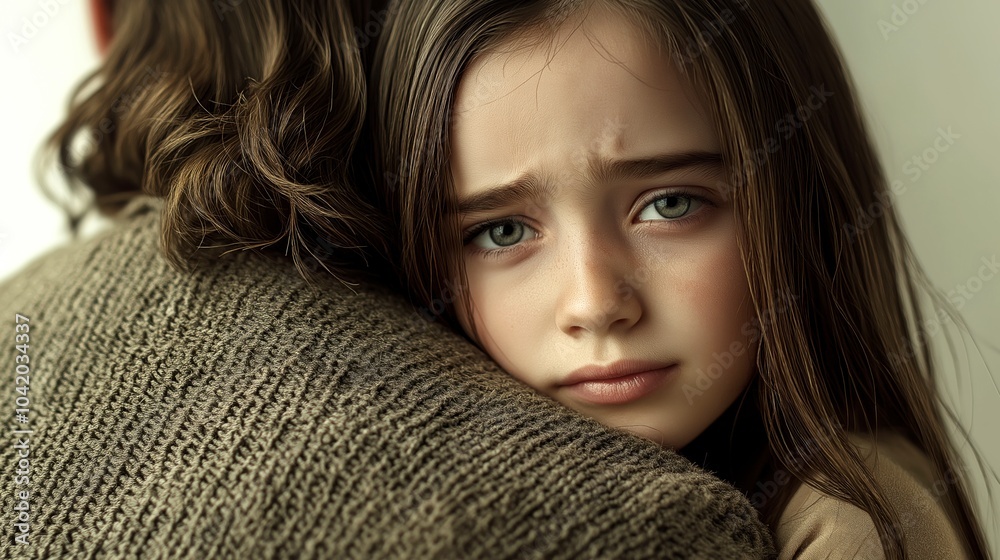Young girl looking at camera with worried face hugging with other person Young girl looking at camera with worried face hugging with other person