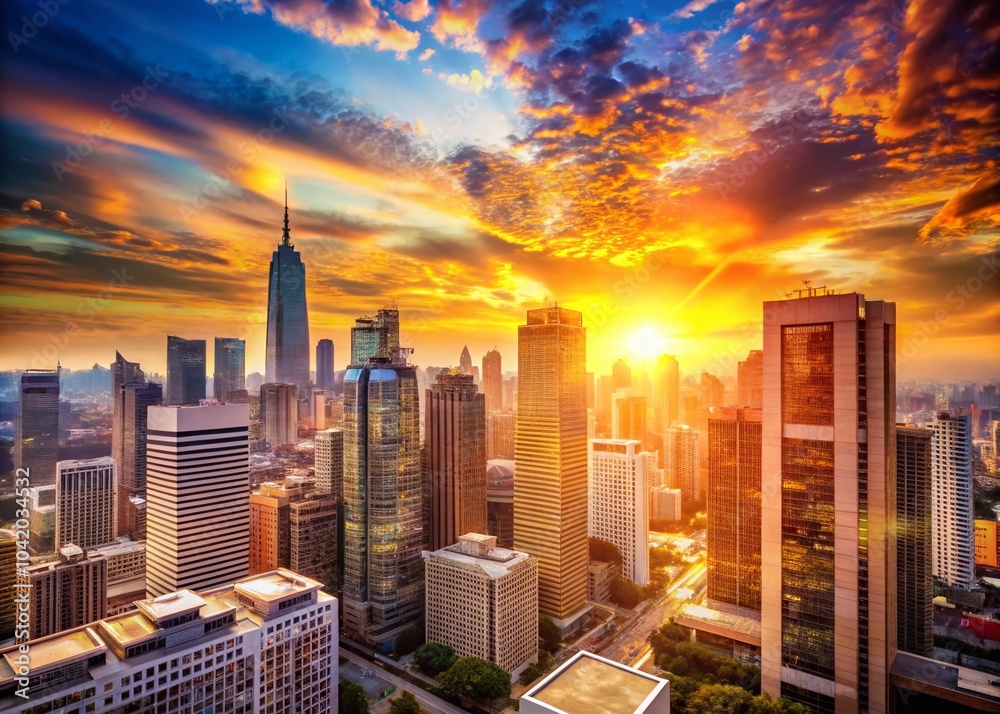 Obraz premium Stunning Cityscape Sunrise with Vibrant Colors and Clear Skies - Perfect for Backgrounds and Wall Art