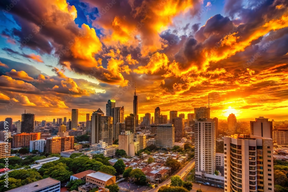 Fototapeta premium Stunning City Skyline at Sunset with Vibrant Orange Hues and Cloudy Atmosphere