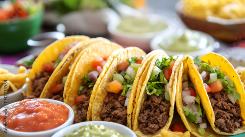 A Festive Celebration of Mexican Cuisine with an Exquisite Platter of Beef Tacos and Colorful Accompaniments