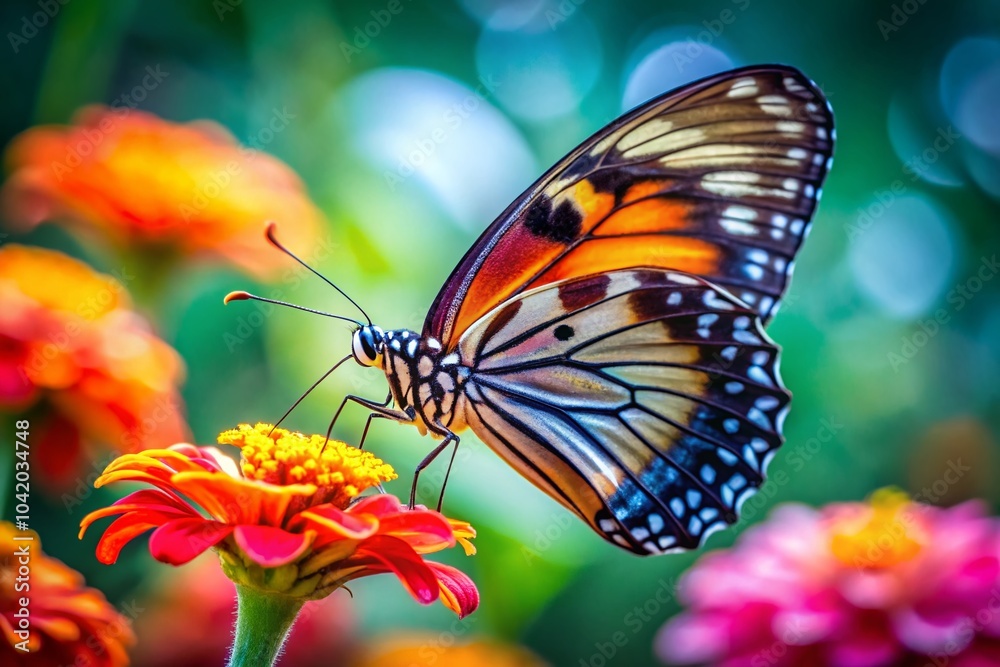 Fototapeta premium Stunning Close-Up of a Butterfly on a Vibrant Flower in Long Exposure, Capturing Nature's Beauty and Detail for