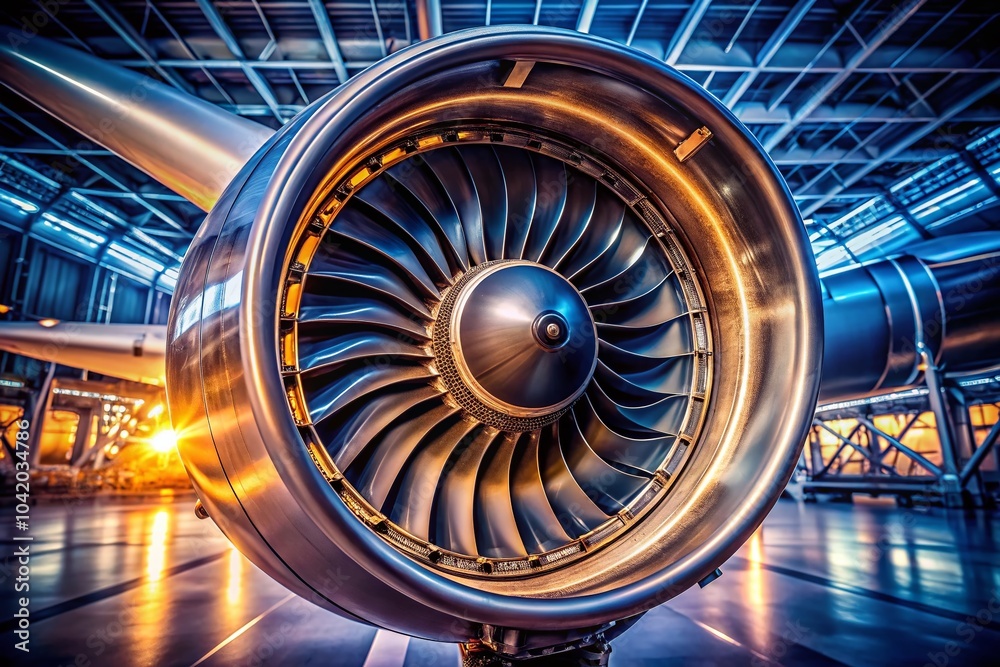 Obraz premium Stunning Close-Up of a Turbojet Engine with Detailed Components and Powerful Design Elements in an Aircraft Context