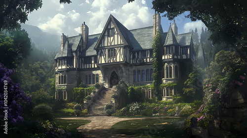 Enchanting tudor majesty: a stunning view of a timeless tudor-style mansion, elegantly preserved with classic architecture and lush surroundings - Tudor Mansion. Illustration photo