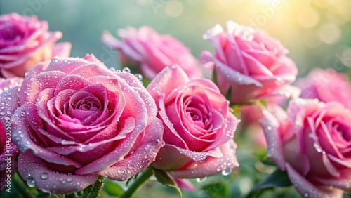 Pink roses wrapped in morning dew and fog photo