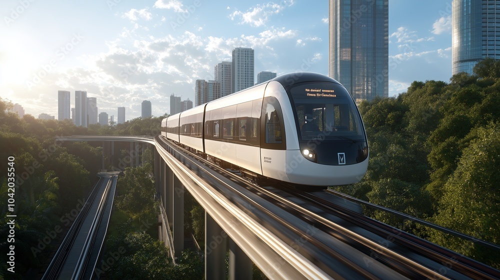 Naklejka premium Modern monorail train on elevated track in city.