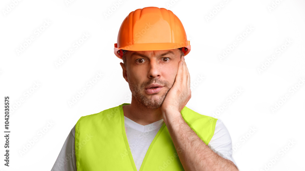 Shocked Builder Man Touching Face In Shock Having Problems At Construction Building Looking At Camera Posing Over White Studio Background. Build Service Issues. Panorama Shocked Builder Man Touching Face In Shock Having Problems At Construction Building Looking At Camera Posing Over White Studio Background. Build Service Issues. Panorama