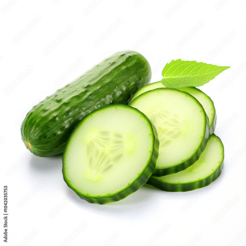 Fresh Cucumber With Vibrant Green Slices and Mint Leaf Isolated on a Clean White Background Fresh Cucumber With Vibrant Green Slices and Mint Leaf Isolated on a Clean White Background