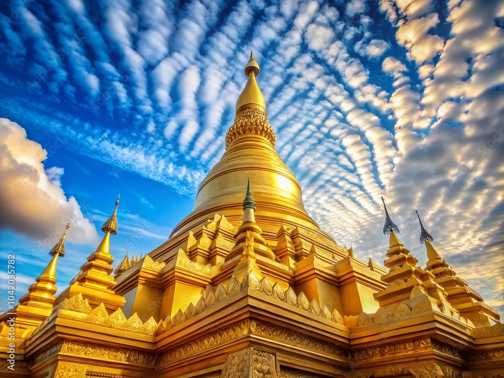 Fototapeta premium Stunning Drone Photography of a Golden Pagoda Under a Clear Blue Sky with Serene Cirrus Clouds