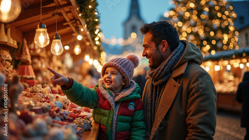 Father and Child Explore Christmas Market: Heartwarming Holiday Scene for Family-Oriented Marketing