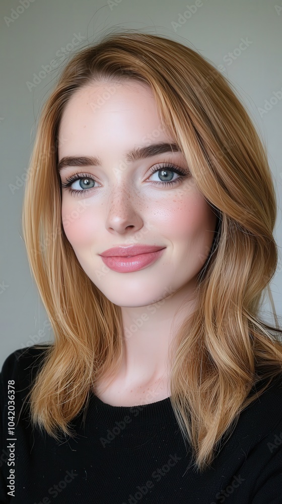 Fototapeta premium A radiant young woman with golden hair and striking blue eyes showcases a warm smile indoors