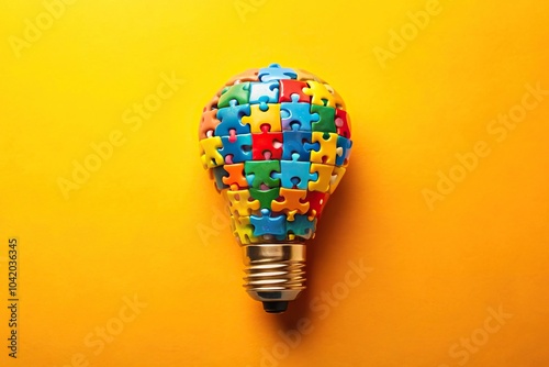 Colorful puzzle piece light bulb on yellow background