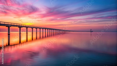 Pink sunset over calm sea with long thin bridge