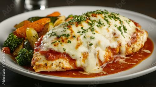 A Tempting Chicken Parmesan Baked to Perfection with Savory Marinara Sauce and Roasted Vegetables for a Wholesome Meal