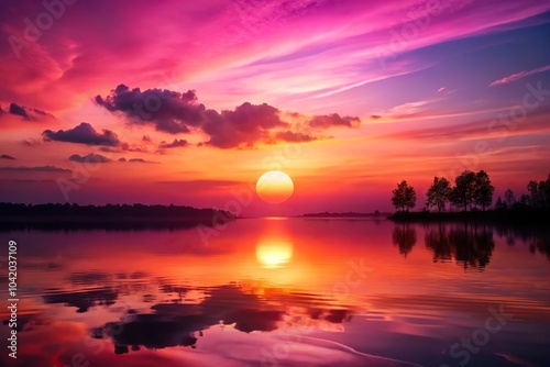 Pink sunset sky with sun reflection silhouette
