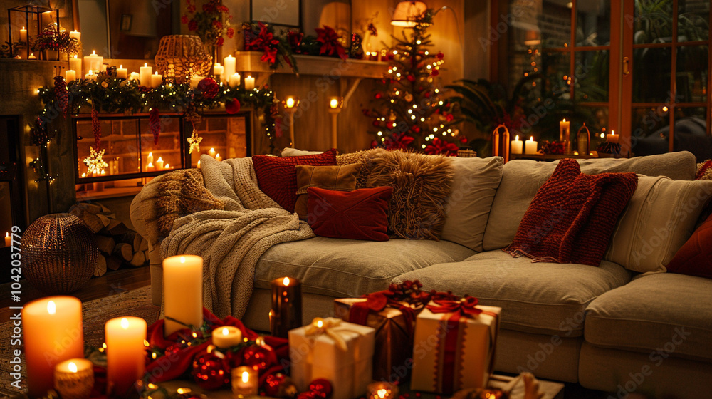 A warm and inviting living room decorated with plush throws and pillows in festive colors, surrounded by candle-lit centerpieces and a beautifully wrapped gift display.