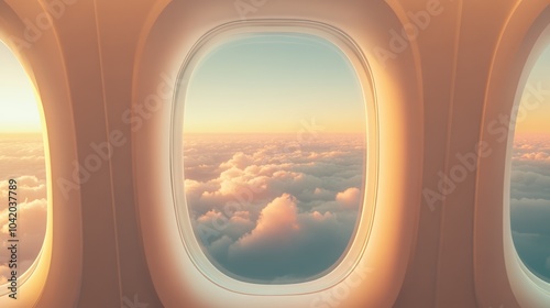 Gazing out of an airplane window, witness a breathtaking sunset above the clouds, capturing the essence of adventure and wanderlust