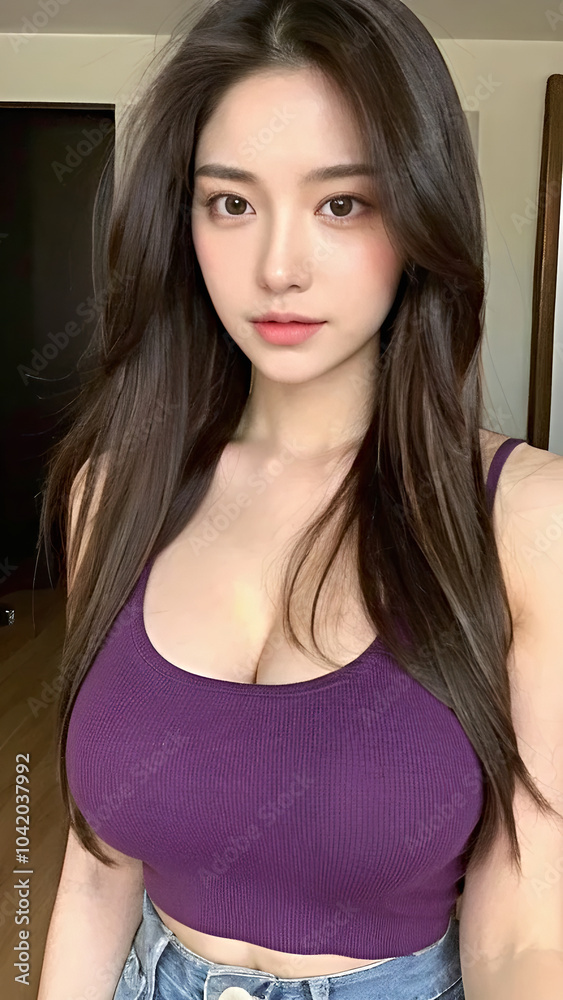 Fototapeta premium Close-Up Portrait of an Asian Woman with a Perfect Body, Beautiful Facial Features, Long Hair, Wearing a Tank Top and Jeans.