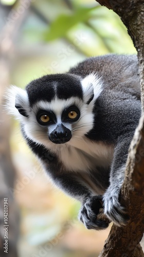 Lemur perched on tree branch, keenly observing its surroundings in a vibrant tropical forest