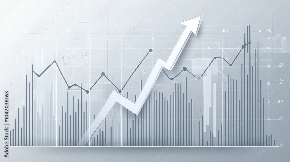 Abstract illustration with upward arrow indicating growth and success of business with abstract data and graph charts in the background. Abstract illustration with upward arrow indicating growth and success of business with abstract data and graph charts in the background.